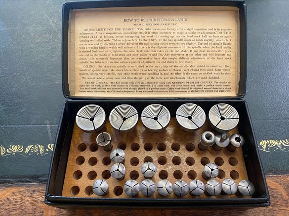 Vintage Peerless 8mm Watchmakers Boxed Collet Set - 22 Pcs inc. Step Chucks
